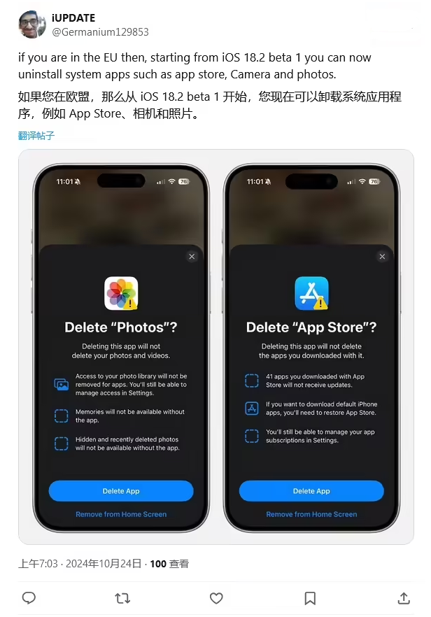 金平苹果手机维修分享iOS 18.2 支持删除 App Store 应用商店 